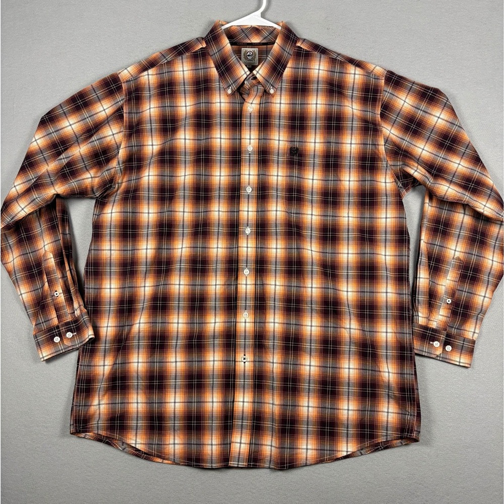 Cinch Classic Fit Button Down Plaid Shirt XL (Fits Like XXL Orange Brown Western
